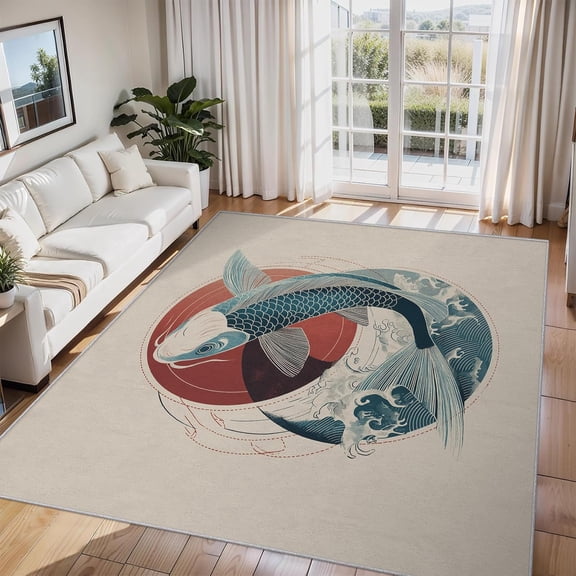 Koi Fish Area Rug, Japanese Style Fish Design Indoor Carpet, Washable Non Slip Low Pile Soft Thin Rug for Living Room Bedroom Home Decor Mat 2x3ft