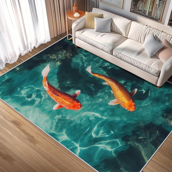 Koi Fish Area Rugs, Japanese Fish Pattern Carpet, Washable Non Slip Low Pile Soft Rug for Living Room Bedroom Decor Mat 5x8ft