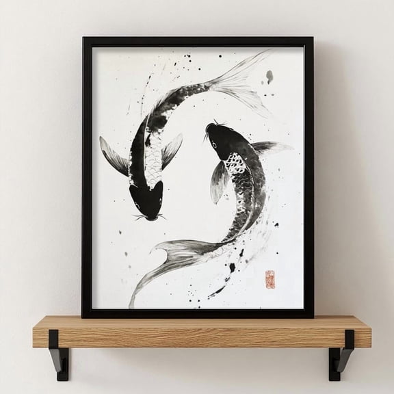 Koi Fish Art Japanese Ink Painting Zen Minimalist Digital Print Decor Black and White Trendy Wall Art Vintage Print Aesthetic Wall Art 24x36 UNFRAMED