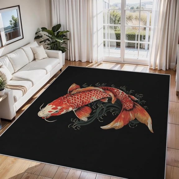 Koi Fish Asian Style Area Rug, Traditional Fish Design Indoor Carpet, Washable Non Slip Low Pile Soft Thin Rug for Living Room Bedroom Home Decor Mat 5x8ft