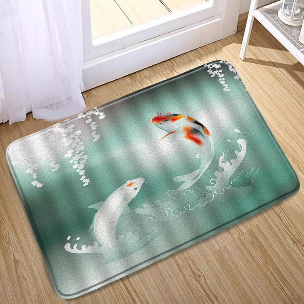 Koi Fish Bathroom Rugs White Flower Teal Turquoise Japanese Nature Bath