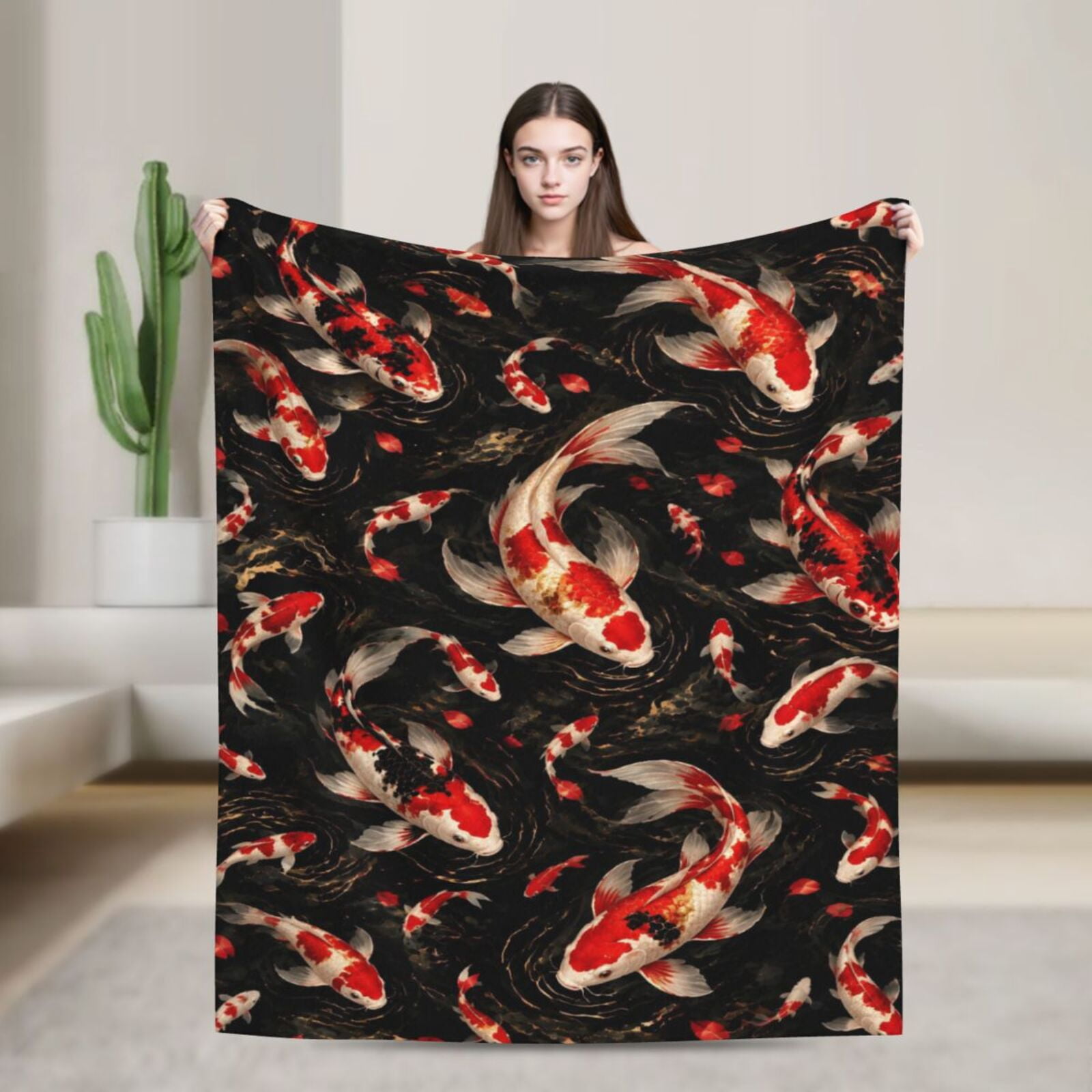 Koi Fish Blanket Red White Pond Artwork on Black Background Gift for ...