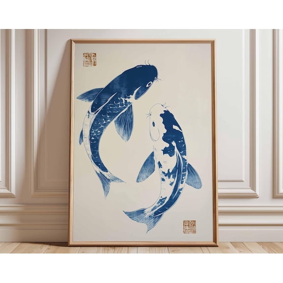 Koi Fish Blue Ink Brush Zen Wall Art Print, Unframed Paper Poster 16x20in