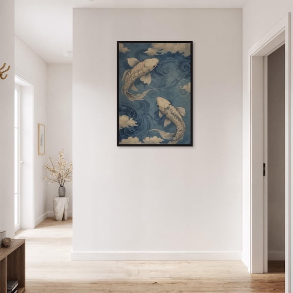 Koi Fish Blue Waves Wall Art, Tranquil Zen Decor, Unframed Canvas Size 8x12