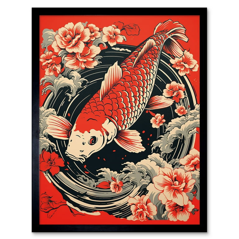 Koi Fish Carp Japanese Whirlpool Red Black Floral Illustration