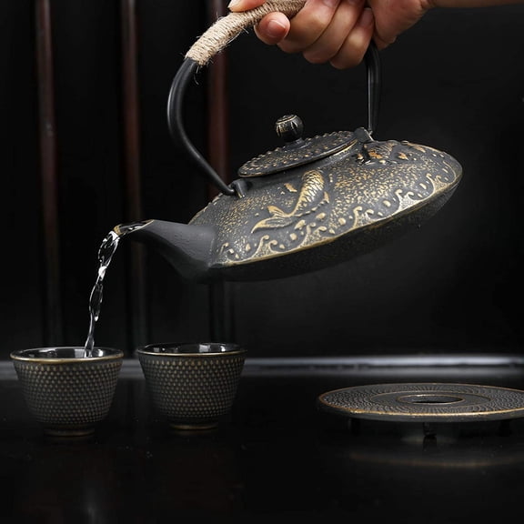 Koi Fish Cast Iron Teapot Set with Stainless Steel Infuser and 4 Cups - Japanese Style Tetsubin Stove Top Tea Kettle Gift