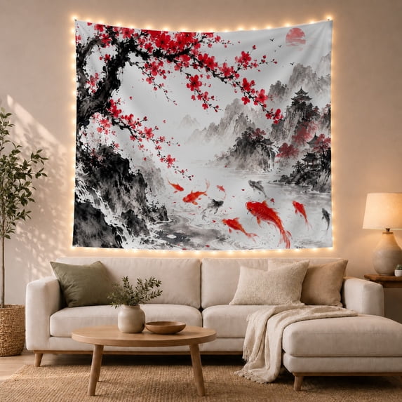 Koi Fish and Cherry Blossoms in Misty Mountains with Pagodas, Serene Japanese Inspired for Art Lovers, Nature Wall Art Decor, Housewarming Gift, Tapestry Wall Hanging for Bedroom and Living Room