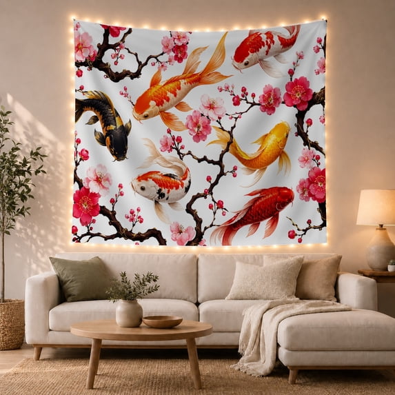 Koi Fish and Cherry Blossoms on a Pale Background, Serene Japanese Inspired for Nature Lovers, Floral Wall Art, Housewarming Gift Tapestry Wall Hanging for Living Room and Bedroom