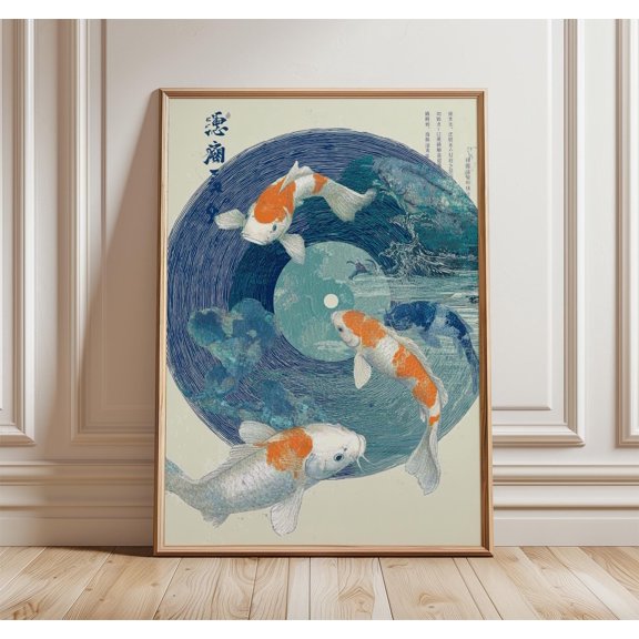 Koi Fish Circle Art Print, Retro Japanese Zen Decor, Poster Only