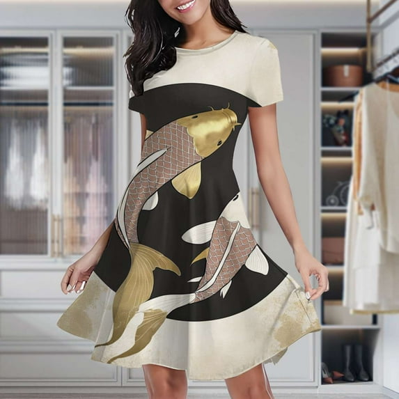 Koi Fish Circle Art Print Women's Classic Swing Skater Dress Casual Work Party Cocktail Dresses