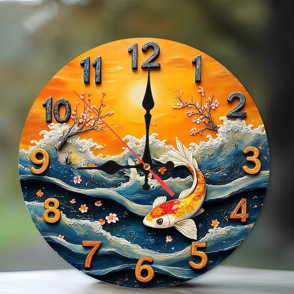 Koi Fish Clock Wall Art Ocean Wave Decor 10-Inch Silent Wooden Wall Clock, Battery Operated (AA Batteries Not Included), Artistic Home Decor