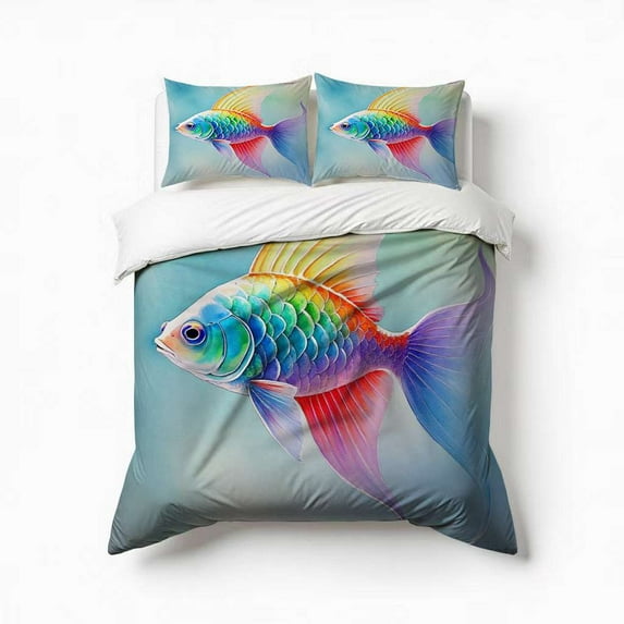 Koi Fish Colorful Bedding Set 3 Pcs Soft Microfiber Quilt Cover For Bedroom Decor, Comforter Cover With 2 Pillowcase