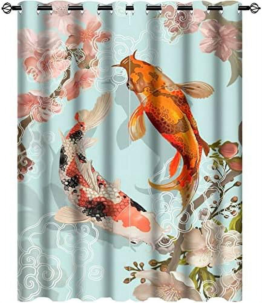 Koi Fish Curtains Fantasy Yin Yang Japanese Big Wave Koi Cherry Blossom Room Darkening Blackout