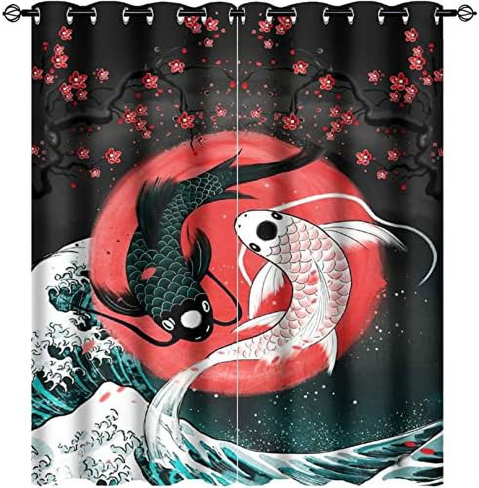 Koi Fish Curtains Fantasy Yin Yang Japanese Big Wave Koi Cherry Blossom Room Darkening Blackout