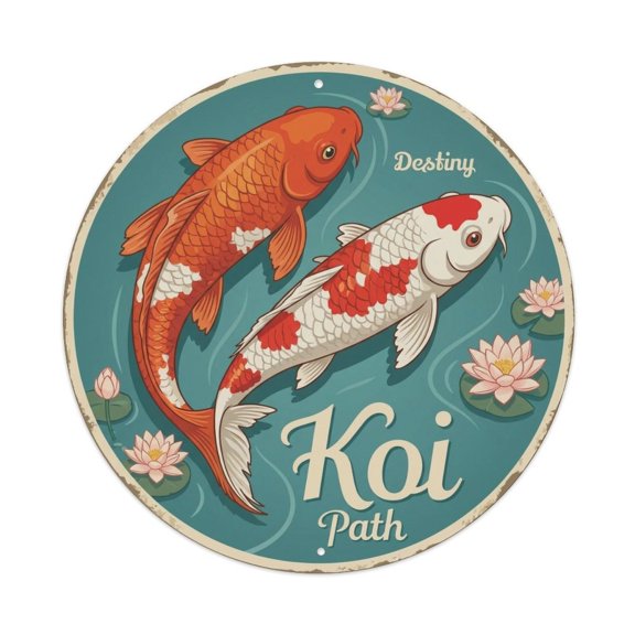 Koi Fish Destiny Path Fate Waters Guided Journey Purpose Vintage Metal Tin Sign Plaque Wall Decor for Cafe, Club, Garden Round Metal Poster 8x8Inch