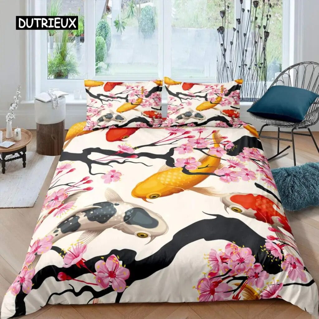 Koi Fish Duvet Cover Set King Size Oriental Asian Culture Lotus Bedding ...