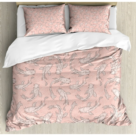 Koi Fish Duvet Cover Set, Repetitive Luck Symbol Motifs Swimming Animals in Pastel Tones Pattern, Decorative 3 Piece Bedding Set with 2 Pillow Shams, King Size, Blush and Pale Salmon, by Ambesonne