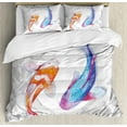 thumbnail image 1 of Koi Fish Duvet Cover Set, Watercolor Style Japanese Animals Couple Design Grunge Brushstrokes Based Paint, Decorative 3 Piece Bedding Set with 2 Pillow Shams, Queen Size, Blue Orange, by Ambesonne, 1 of 3