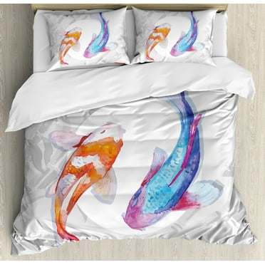 Koi Fish Duvet Cover Set, Watercolor Style Japanese Animals Couple Design Grunge Brushstrokes Based Paint, Decorative 3 Piece Bedding Set with 2 Pillow Shams, King Size, Blue Orange, by Ambesonne