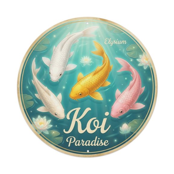 Koi Fish Elysium Paradise Heavenly Waters Blissful Divine Vintage Metal Tin Sign Plaque Wall Decor for Cafe, Club, Garden Round Metal Poster 8x8Inch