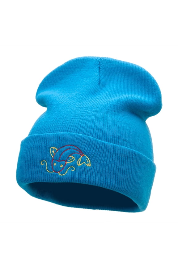 Koi Fish Embroidered 12 Inch Long Knitted Beanie - Aqua OSFM