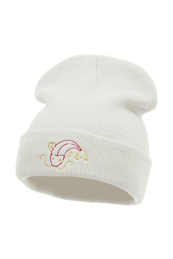 Koi Fish Embroidered 12 Inch Long Knitted Beanie - White OSFM