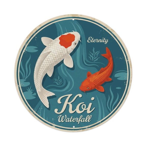 Koi Fish Eternity Waterfall Timeless Cascade Forever Flow Vintage Metal Tin Sign Plaque Wall Decor for Cafe, Club, Garden Round Metal Poster 8x8Inch