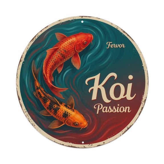 Koi Fish Fervor Passion Intense Waters Ardent Burning Fire Vintage Metal Tin Sign Plaque Wall Decor for Cafe, Club, Garden Round Metal Poster 8x8Inch