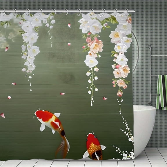 Koi Fish Flowers Print Shower Curtain,Modern Fabric Waterproof Shower Curtain Set with Hooks,70.8×70.8Inch