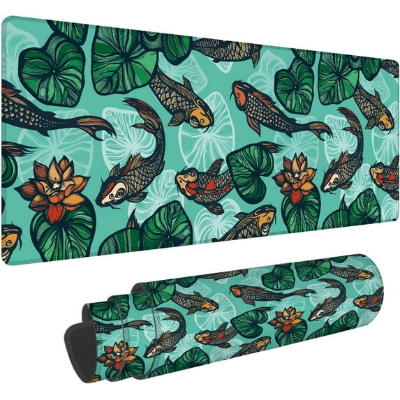 Koi Fish Gaming Mouse Pad,Flowers and Leaves of The Lotus Large Mouse Mat XL Desk Mat Extended Mouse Mat Non-Slip Laptop Computer Keyboard Mouse Pad for Office & Home 31.5x11.8 Inch