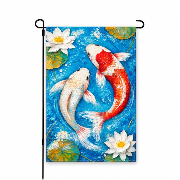 Koi Fish Garden Flag 12 x 18 Inch - Vibrant Blue Water with Lotus Flowers for Yard, Lawn, Patio, Porch Outdoor Decor - Artistic and Serene Design