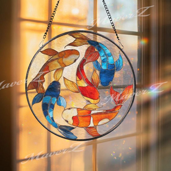Koi Fish Glass Suncatcher, Feng Shui Window Decor, Harmony Pond Zen Home Ornament, 3.5 in