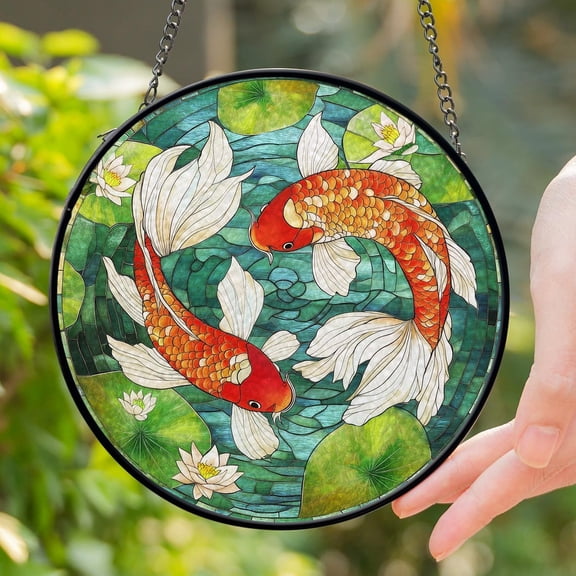 Koi Fish Glass Suncatcher v9, Japanese Pond Window Art, Oriental Nature Lover Decor, 6.3 in