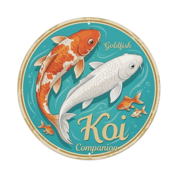Koi Fish Goldfish Companion Waters Friends Together Harmony Vintage Metal Tin Sign Plaque Wall Decor for Cafe, Club, Garden Round Metal Poster 8x8Inch