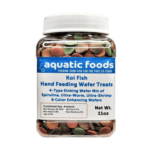 Koi Fish, Hand Feeding 4-Type Sinking Wafer Treats, Teach Your Koi to Eat Out of Your Hands11oz Small Jar
