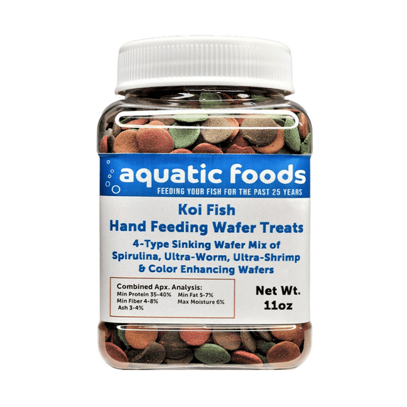 Koi Fish, Hand Feeding 4-Type Sinking Wafer Treats, Teach Your Koi to Eat Out of Your Hands…11oz Small Jar