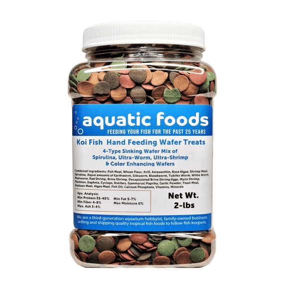 Koi Fish, Hand Feeding 4-Type Sinking Wafer Treats, Teach Your Koi to Eat Out of Your Hands2-lb Med Jar
