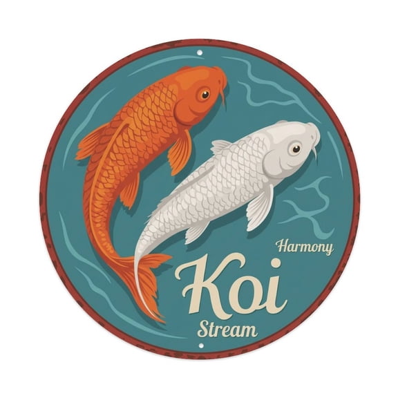 Koi Fish Harmony Stream Balanced Flow Peaceful Current Calm Vintage Metal Tin Sign Plaque Wall Decor for Cafe, Club, Garden Round Metal Poster 8x8Inch