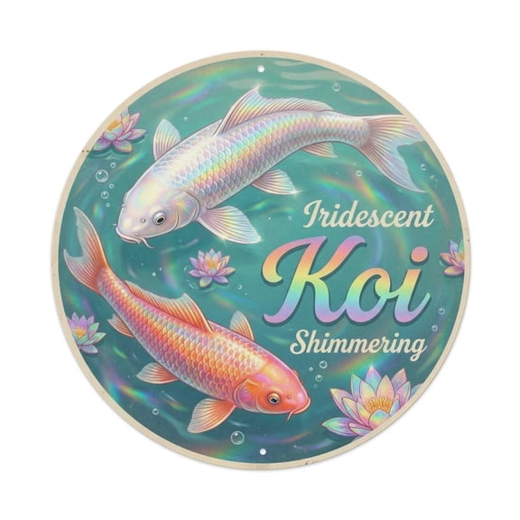 Koi Fish Iridescent Shimmering Rainbow Waters Colorful Prism Vintage Metal Tin Sign Plaque Wall Decor for Cafe, Club, Garden Round Metal Poster 8x8Inch