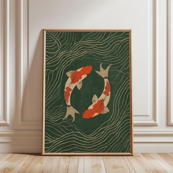 Koi Fish Japanese Wall Art Green Gold Zen Home Decor
