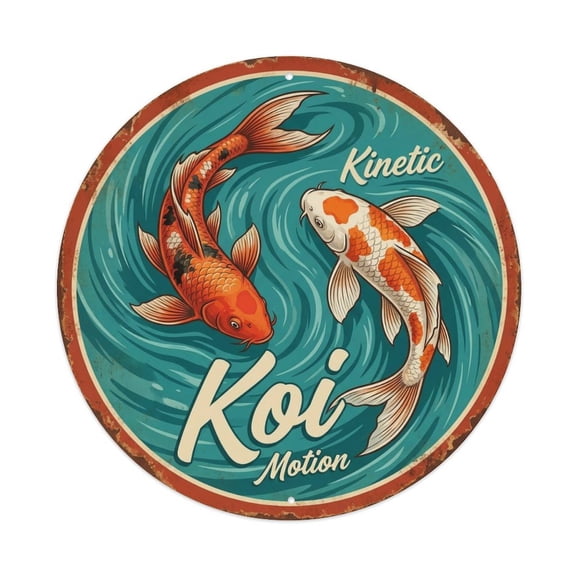 Koi Fish Kinetic Motion Movement Waters Dynamic Active Flow Vintage Metal Tin Sign Plaque Wall Decor for Cafe, Club, Garden Round Metal Poster 8x8Inch