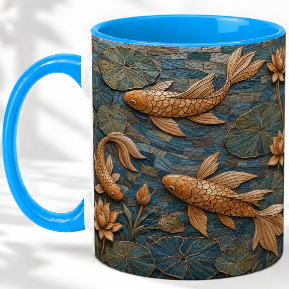 Koi Fish Lotus Pond Accent Mug, 11oz Ceramic Coffee Cup for Fish Fans