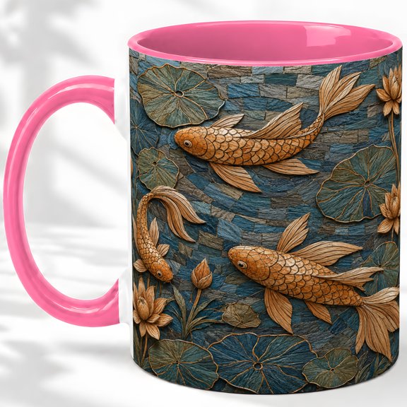 Koi Fish Lotus Pond Accent Mug, 11oz Ceramic Coffee Cup for Fish Fans