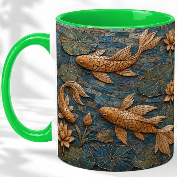 Koi Fish Lotus Pond Accent Mug, 11oz Ceramic Coffee Cup for Fish Fans