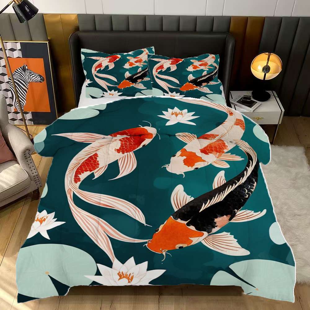 Comforter Fish Pattern Koi Fish Lotus Pond Art Comforter Set Twin Size Bedding Set For Travl ...