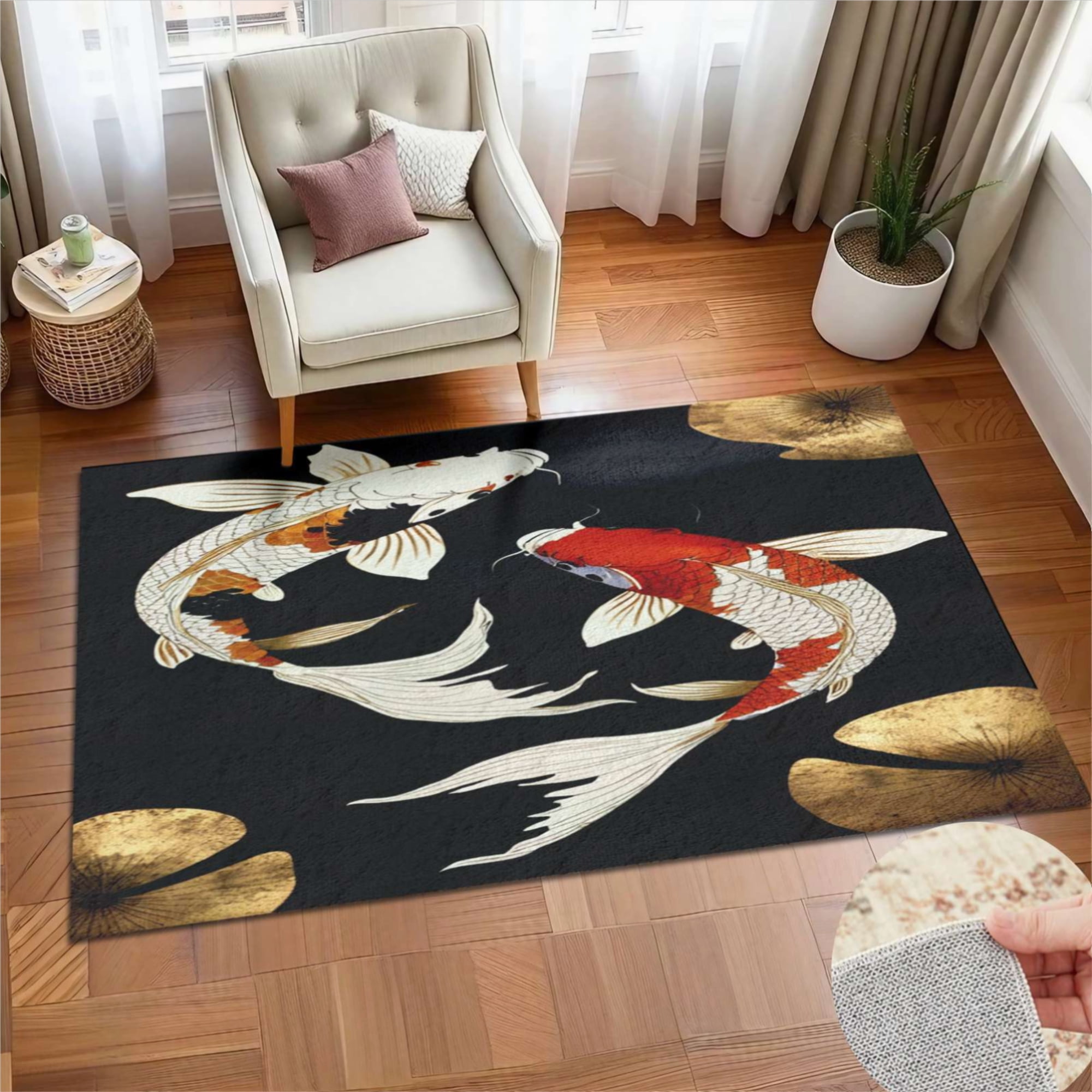 Koi Fish Lotus Pond Art Soft Large Area Rugs Washable Rug With Non-Slip ...