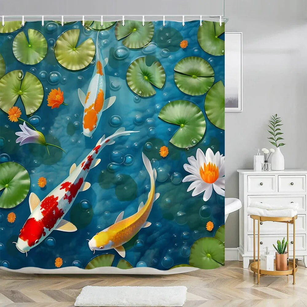 Koi Fish Lotus Shower Curtain Flower Green Lotus Leaf Japanese Lotus