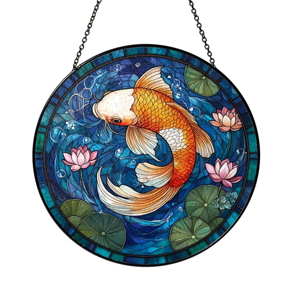Koi Fish Lotus Stained Glass Art Panel – Feng Shui Window Hanging for Tranquil Spaces