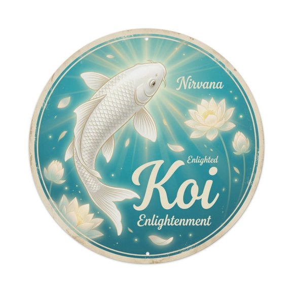 Koi Fish Nirvana Enlightenment Peace Waters Spiritual Bliss Vintage Metal Tin Sign Plaque Wall Decor for Cafe, Club, Garden Round Metal Poster 8x8Inch