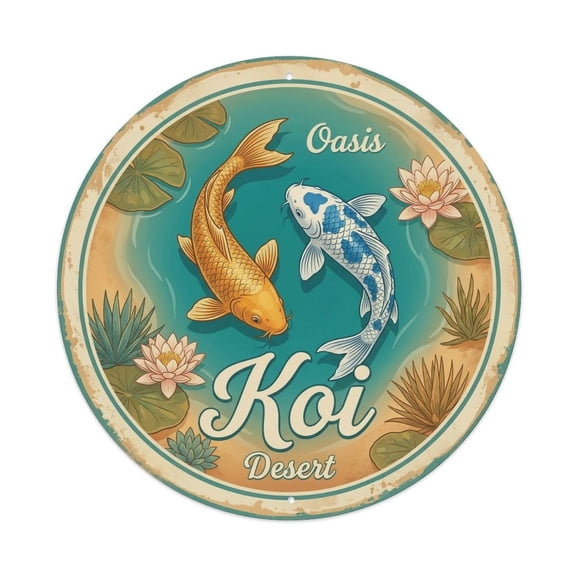 Koi Fish Oasis Desert Rare Waters Precious Life Sanctuary Vintage Metal Tin Sign Plaque Wall Decor for Cafe, Club, Garden Round Metal Poster 8x8Inch